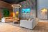 Elegant living room with modern couches, vibrant green wall, stylish lighting, and a built-in aquarium.