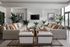 Modern and inviting living room with plush beige sofas, elegant wooden chairs, and abundant natural light, perfect for relaxation and entertaining.