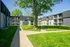 Charming apartment complex with modern balconies and lush green lawn, surrounded by mature trees, under a clear blue sky.