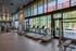 Modern gym with large windows, equipped with treadmills and strength training machines, offering a bright and energizing workout space.