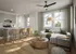 Bright, modern open-concept living room and kitchen with sleek finishes, featuring cozy seating, stylish bar stools, and abundant natural light.