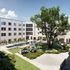 Modern apartment complex courtyard featuring a lush garden, a sparkling pool with lounge chairs, and a serene sandy zen space under a large tree.