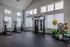 Modern fitness room with state-of-the-art exercise equipment, including ellipticals and a multi-gym station, featuring large windows and bright natural lighting.