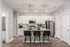 Modern kitchen with sleek stainless steel appliances, elegant granite countertops, and chic pendant lighting, perfect for entertaining.