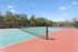 Vibrant outdoor tennis court surrounded by lush greenery, perfect for sports enthusiasts.