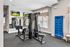Modern apartment gym with state-of-the-art fitness equipment, large mirrors, vibrant wall decor, and ample natural light.