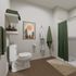 Modern bathroom with sleek fixtures, green accents, and stylish wall art, offering a tranquil and elegant space.