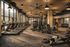 Modern gym with floor-to-ceiling windows featuring state-of-the-art treadmills, weight benches, and exercise machines, bathed in natural light.