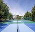 Vibrant outdoor tennis court surrounded by lush greenery in a peaceful residential area.