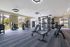 Expansive, well-lit fitness center featuring state-of-the-art gym equipment, floor-to-ceiling windows, and modern design elements.