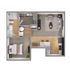 Detailed floor plan of a compact apartment featuring 1 bedroom, a modern kitchen, and a cozy living area.