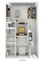 3D floor plan depicting a one-bedroom apartment with an open living space, modern kitchen, and two bathrooms.