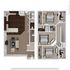 Chic floor plan displaying a spacious two-story layout with two bedrooms, modern kitchen, and cozy living area.