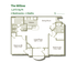 The Willow floor plan with 2 bedrooms, 2 baths, and a spacious living and dining area, covering 1,073 sq ft.