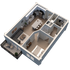 Modern 3D floor plan showcasing a cozy 1-bedroom apartment with an open-concept kitchen, inviting living area, stylish bathroom, and private balcony.