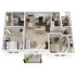 Modern 3D floor plan featuring 2 bedrooms, a stylish open kitchen with island seating, cozy living area, and balcony access, complete with contemporary furnishings.