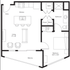 Chic floor plan showcasing a spacious one-bedroom apartment with an open kitchen, modern living area, and inviting balcony.