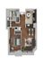Chic 1-bedroom floor plan showcasing a cozy open-concept living area with stylish furnishings, a modern kitchen with dining space, and a sleek bathroom layout.