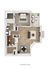 Modern 1-bedroom apartment floor plan with a spacious living area, elegant kitchen, and cozy balcony.