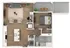 Modern floor plan showcasing a spacious 1-bedroom layout with an open living space, stylish kitchen with island seating, large bathroom, and charming balcony area.