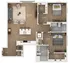 Modern apartment floor plan showcasing two spacious bedrooms with walk-in closets, two bathrooms, an open-concept kitchen, and a stylish living space.