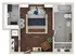 Chic studio apartment floor plan with open living space, modern kitchen, and elegant bath.