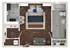 Modern floor plan featuring a cozy living space with a stylish couch and decor, a well-appointed kitchen with a breakfast bar, and a spacious bath. Includes a walk-in closet and elegant hardwood flooring.