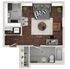Elegant single-bedroom apartment layout with open living space, modern kitchen, and stylish bath.
