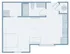 Contemporary studio floor plan featuring a spacious living area, modern kitchen, and bathroom with washer/dryer.