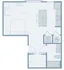 Modern studio floor plan with open-concept layout, featuring a cozy living area, stylish kitchen with island, and in-unit washer/dryer.