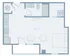 Modern studio apartment floor plan featuring an open living area with kitchenette, cozy sleeping space, and a well-equipped bathroom. Includes in-unit washer/dryer.