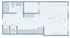 Modern studio apartment floor plan featuring a spacious living and sleeping area, open kitchen, and large bathroom. Includes in-unit washer and dryer.