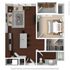 Modern floor plan with a spacious bedroom, stylish living area, and open kitchen featuring a granite island. Includes a cozy balcony and elegant bathroom.