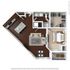 Elegant 3D floor plan showcasing a spacious one-bedroom apartment, featuring an open-concept kitchen with an island, cozy living area, and a luxurious bathroom with double sinks.