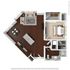Contemporary 1-bedroom apartment floor plan featuring an open-concept living and dining area, stylish kitchen island, and elegant hardwood floors.