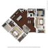 Chic 3D floor plan showcasing 2 bedrooms, modern kitchen with island, and elegant living area with balcony access.