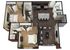 Elegant 3D floor plan showcasing two bedrooms, modern open kitchen, and stylish living room with hardwood floors.
