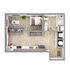 Modern 1-bedroom apartment floor plan featuring a sleek open-concept living area, contemporary kitchen, and elegant bathroom design.