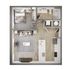 Modern 1-bedroom apartment floor plan showcasing an open-concept living area, chic kitchen, and sleek bathroom design.