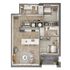 Modern 2D floor plan showcasing 2 bedrooms, open-concept kitchen and living area, and 2 bathrooms with a balcony.