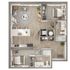 Modern floor plan showcasing two bedrooms, a sleek kitchen with a breakfast bar, and an open-concept living area with stylish decor.