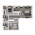 Modern L-shaped floor plan featuring two bedrooms, open living area, and sleek kitchen with ample storage.