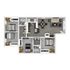 Modern 3-bedroom apartment floor plan with two bathrooms, open kitchen, dining area, and cozy living room.