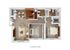 Inviting 3D floor plan showcasing 2 cozy bedrooms, open living area, stylish kitchen with wood flooring, and two well-appointed bathrooms.