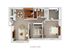 Contemporary 3D floor plan showcasing two cozy bedrooms, a stylish living room with natural light, modern kitchen, and well-appointed bathroom.