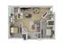 Modern 3D floor plan with two spacious bedrooms, open-concept kitchen with island, cozy living room, and inviting balcony space.