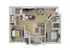 Chic 3D floor plan showcasing a modern two-bedroom apartment with an open-concept living room, stylish kitchen island, and two sleek bathrooms.