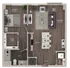 Modern floor plan featuring a spacious bedroom with a walk-in closet, open kitchen, and cozy living room with stylish furniture.