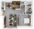 Elegant 3D floor plan featuring a cozy living room, modern kitchen, dining area, spacious bedroom, and stylish bathroom.