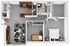 Modern 2D floor plan showcasing a spacious apartment with two bedrooms, a sleek kitchen, stylish living area, and convenient bathroom layout.